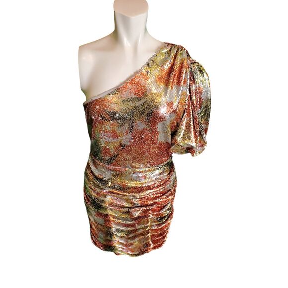 Ronny Kobo Eden Sequin Ruched One Shoulder Mini Dress Gold Multi Sz L $498 - Picture 8 of 12